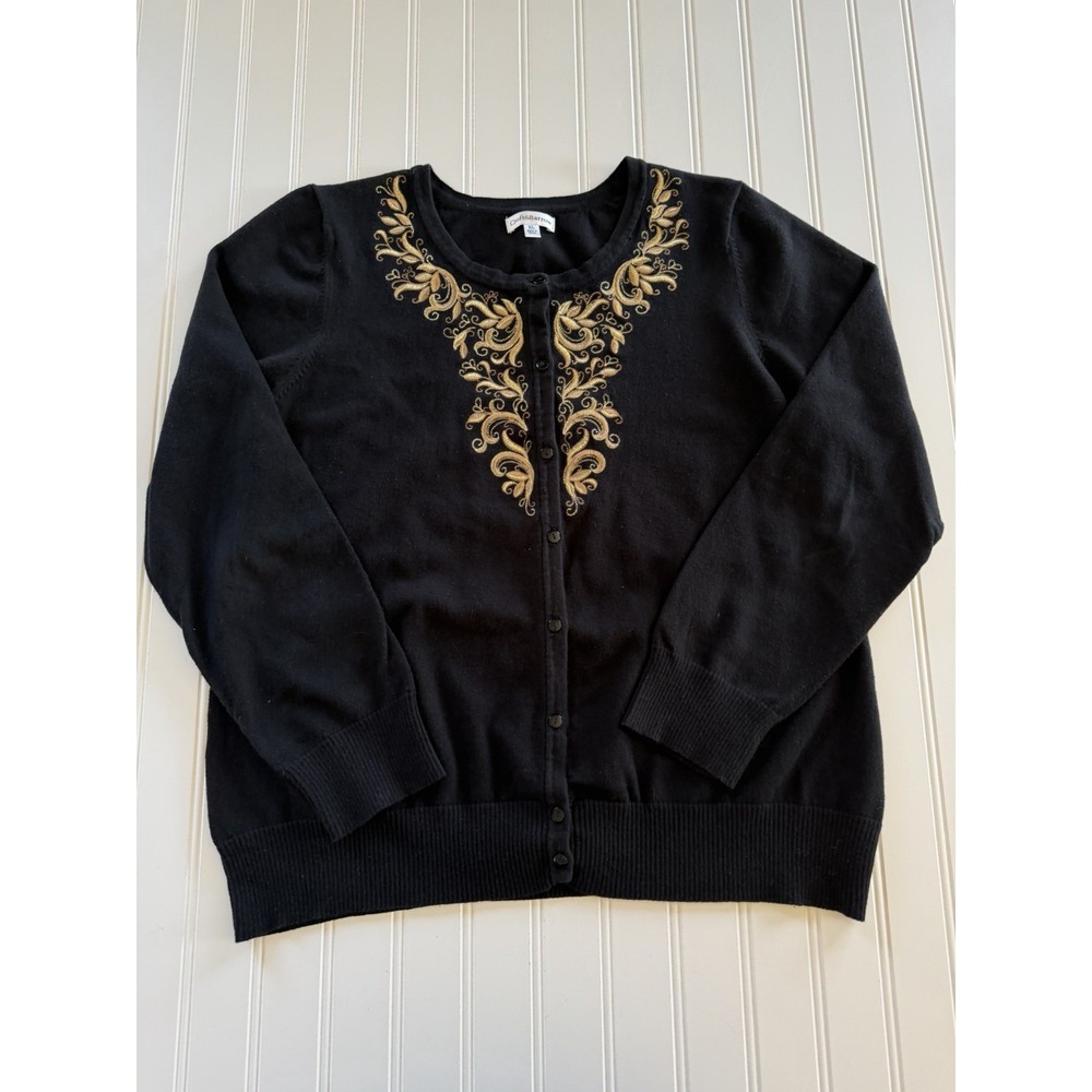 Croft & Barrow Womens‎ Cardigan XL Black Gold Embroidered Button Up